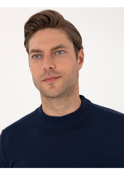 Erkek Açık Lacivert Slim Fit Çeyrek Yaka Basic Triko Kazak 50314188-VR059 fiyatları