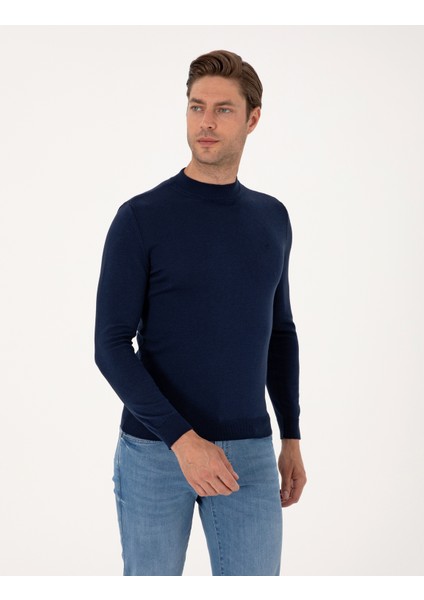 Erkek Açık Lacivert Slim Fit Çeyrek Yaka Basic Triko Kazak 50314188-VR059 modelleri