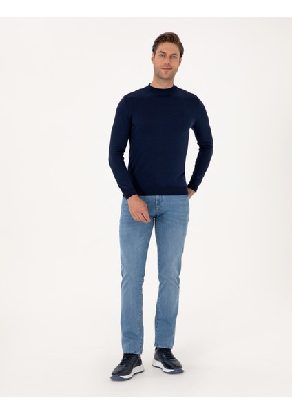 Erkek Açık Lacivert Slim Fit Çeyrek Yaka Basic Triko Kazak 50314188-VR059 fırsatları