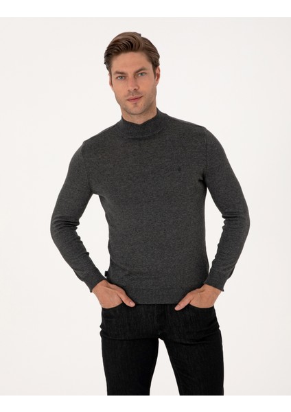 Erkek Antrasit Melanj Slim Fit Yarım Balıkçı Yaka Basic Triko Kazak 50314176-VR081