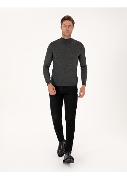 Erkek Antrasit Melanj Slim Fit Yarım Balıkçı Yaka Basic Triko Kazak 50314176-VR081 fırsatları