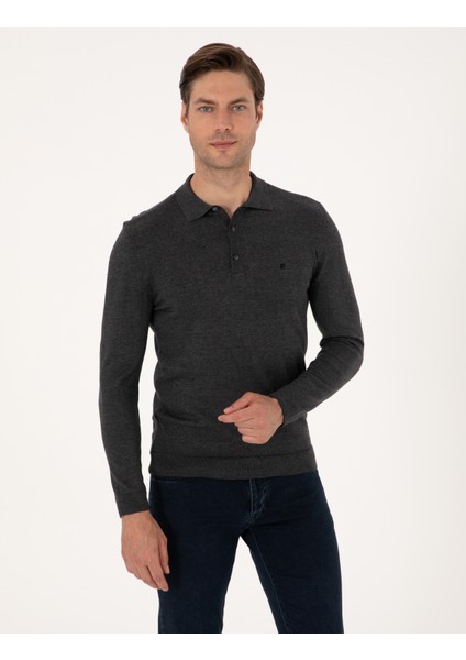 Erkek Antrasit Melanj Slim Fit Polo Yaka Basic Triko Kazak 50314189-VR081