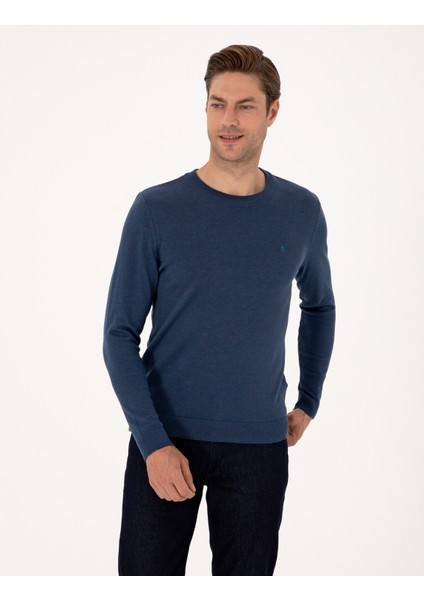 Erkek Indigo Melanj Slim Fit Bisiklet Yaka Basic Triko Kazak 50314192-VR155 modelleri