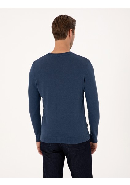 Erkek Indigo Melanj Slim Fit Bisiklet Yaka Basic Triko Kazak 50314192-VR155 indirimleri