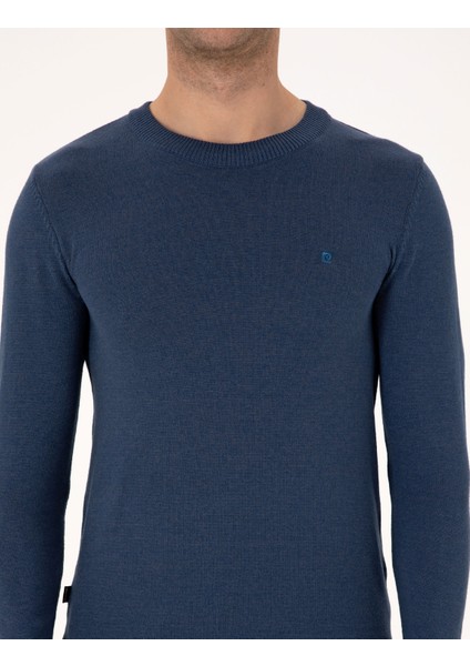 Erkek Indigo Melanj Slim Fit Bisiklet Yaka Basic Triko Kazak 50314192-VR155