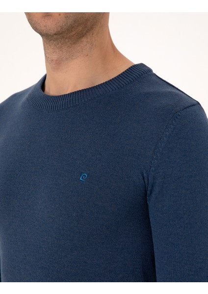 Erkek Indigo Melanj Slim Fit Bisiklet Yaka Basic Triko Kazak 50314192-VR155