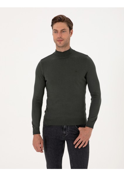 Erkek Koyu Haki Slim Fit Yarım Balıkçı Yaka Basic Triko Kazak 50314176-VR111