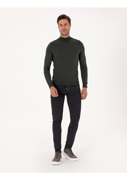 Erkek Koyu Haki Slim Fit Yarım Balıkçı Yaka Basic Triko Kazak 50314176-VR111 fırsatları