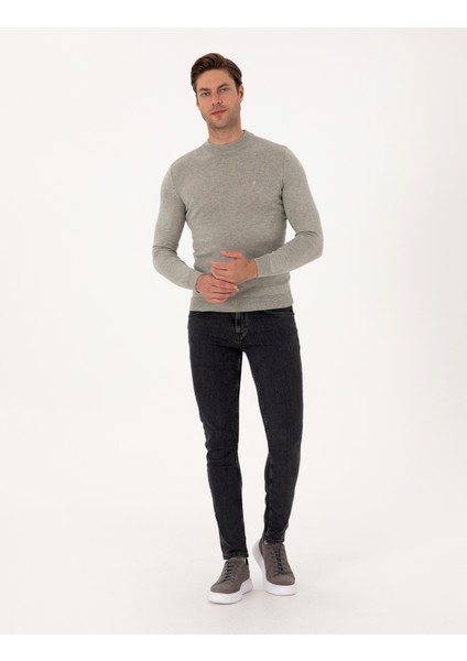 Erkek Açık Gri Melanj Slim Fit Çeyrek Yaka Basic Triko Kazak 50314188-VR091 fırsatları