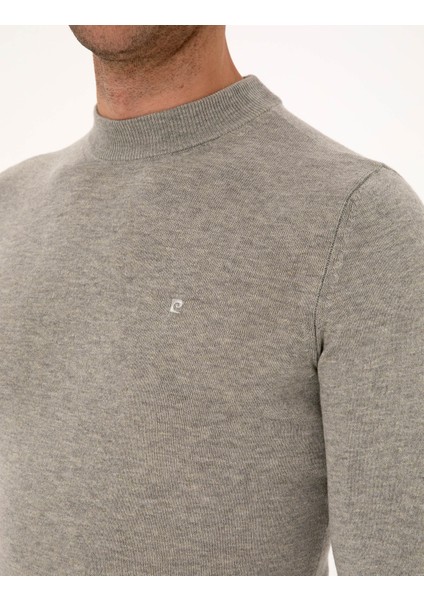 Erkek Açık Gri Melanj Slim Fit Çeyrek Yaka Basic Triko Kazak 50314188-VR091