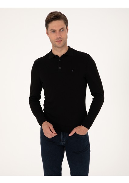 Erkek Siyah Slim Fit Polo Yaka Basic Triko Kazak 50314189-VR046