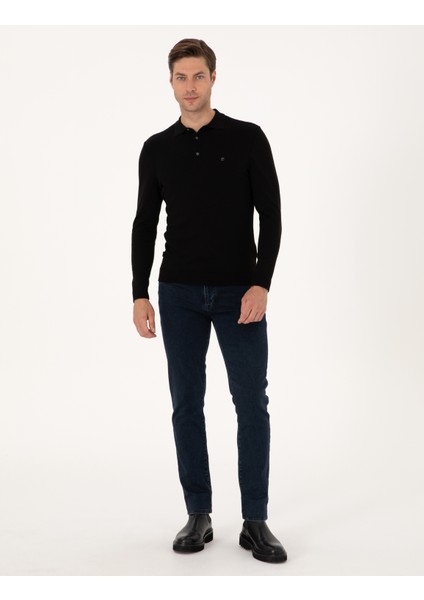 Erkek Siyah Slim Fit Polo Yaka Basic Triko Kazak 50314189-VR046 fırsatları