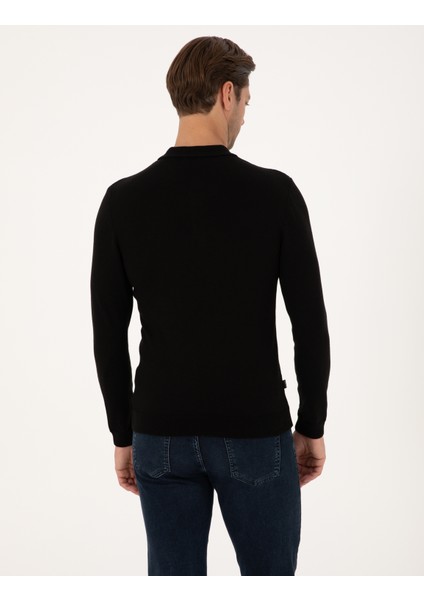 Erkek Siyah Slim Fit Polo Yaka Basic Triko Kazak 50314189-VR046 indirimleri