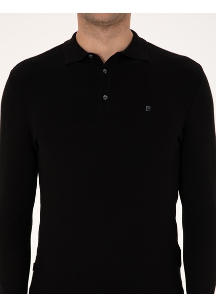 Erkek Siyah Slim Fit Polo Yaka Basic Triko Kazak 50314189-VR046