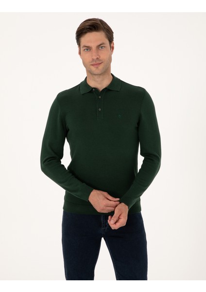 Erkek Koyu Yeşil Slim Fit Polo Yaka Basic Triko Kazak 50314189-VR079