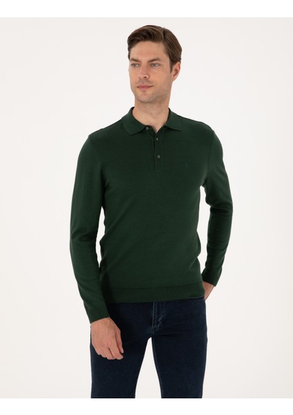 Erkek Koyu Yeşil Slim Fit Polo Yaka Basic Triko Kazak 50314189-VR079 modelleri