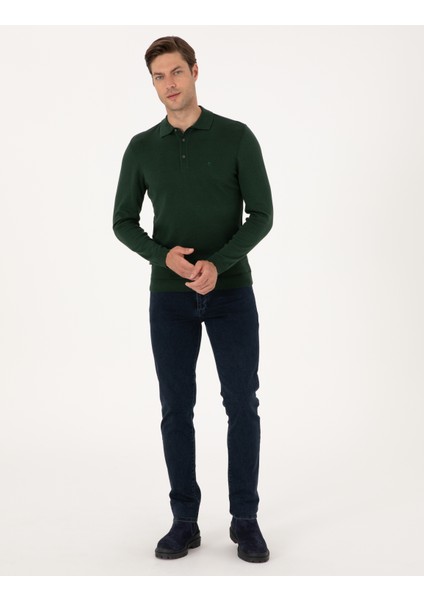 Erkek Koyu Yeşil Slim Fit Polo Yaka Basic Triko Kazak 50314189-VR079 fırsatları