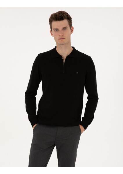 Erkek Siyah Slim Fit Polo Yaka Fermuarlı Basic Triko Kazak 50314191-VR046 fiyatları