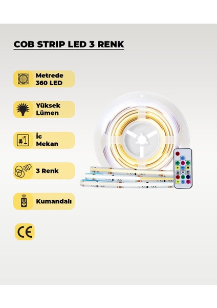 12V Cob Şerit LED 3 Renk Işık -Kumandalı- Metrede 360 LED - 5 Metre