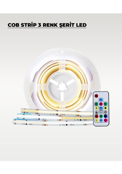 12V Cob Şerit LED 3 Renk Işık -Kumandalı- Metrede 360 LED - 5 Metre fiyatları