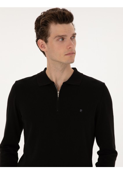 Erkek Siyah Slim Fit Polo Yaka Fermuarlı Basic Triko Kazak 50314191-VR046 modelleri