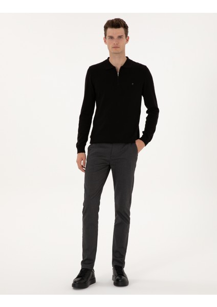 Erkek Siyah Slim Fit Polo Yaka Fermuarlı Basic Triko Kazak 50314191-VR046 indirimleri