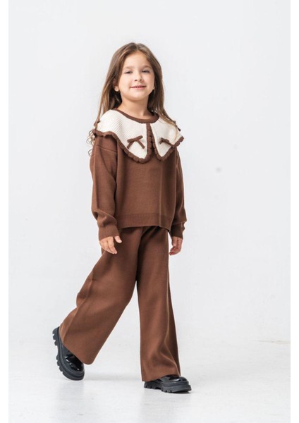 Fiyonk Detaylı Triko Kız Çocuk 2 li takım - Kahve