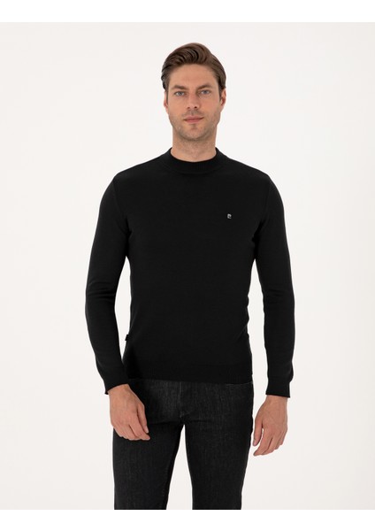 Erkek Siyah Slim Fit Çeyrek Yaka Basic Triko Kazak 50314188-VR046