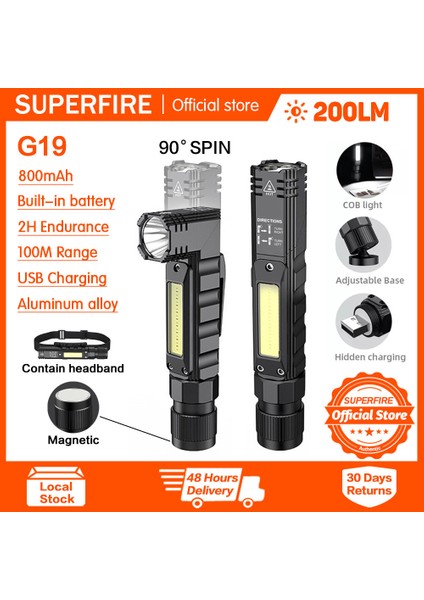 Superfıre G19 Çok Fonksiyonlu El Feneri 90 Derece Bükümlü Döner Manyetik Çalışma Lambası 200 Lümen Far/yan Işık/kırmızı Işık Üç Aydınlatma Modu LED Far Şarj Edilebilir Dahili 14500 Pil (Yurt Dışından)