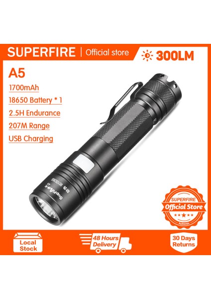 Superfıre A5 LED El Feneri Şarj Edilebilir Taşınabilir Askeri Süper Parlak Taktik El Feneri Su Geçirmez Alüminyum Alaşımlı Açık Yürüyüş (Yurt Dışından)