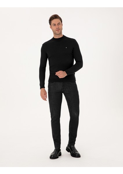 Erkek Siyah Slim Fit Çeyrek Yaka Basic Triko Kazak 50314188-VR046 fırsatları