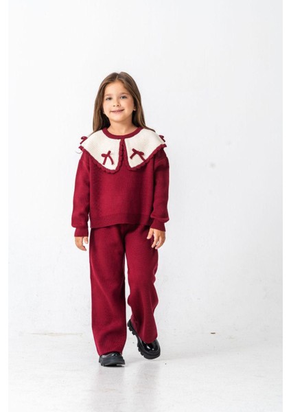 Fiyonk Detaylı Triko Kız Çocuk 2 li takım - Bordo
