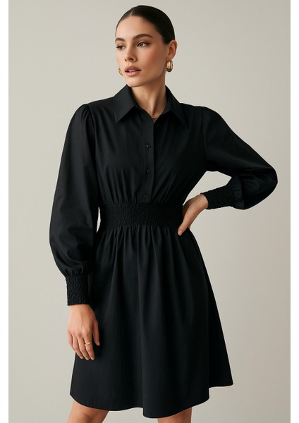 Kadın Siyah Uzun Kollu Bel Lastikli Düğmeli Elbise