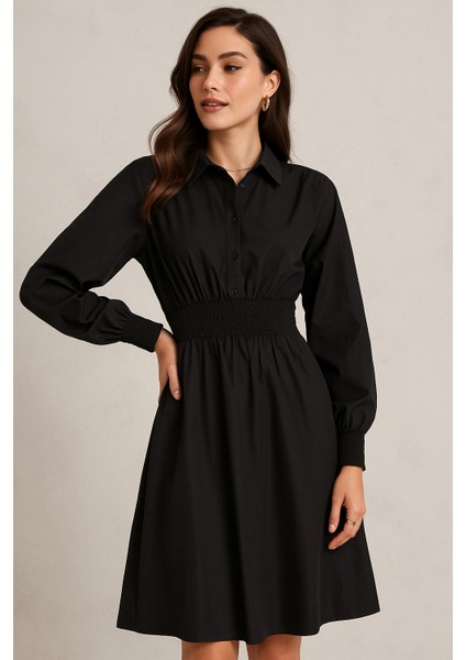 Kadın Siyah Uzun Kollu Bel Lastikli Düğmeli Elbise fiyatları