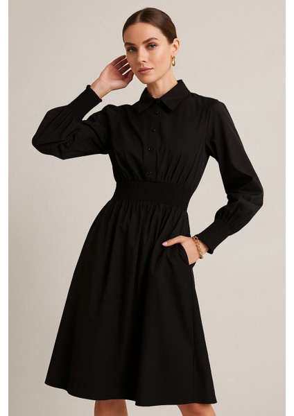 Kadın Siyah Uzun Kollu Bel Lastikli Düğmeli Elbise modelleri