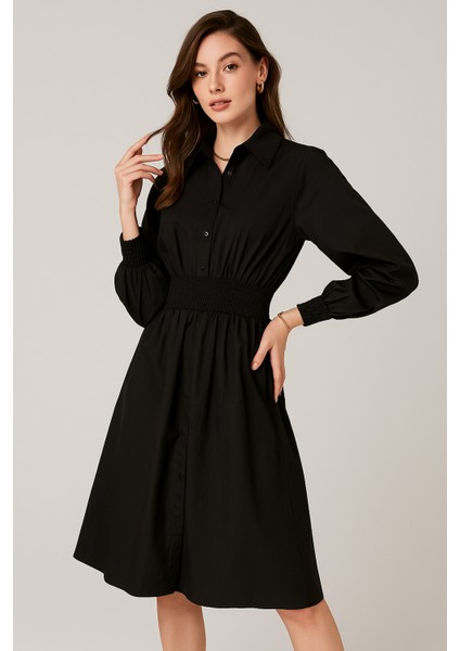 Kadın Siyah Uzun Kollu Bel Lastikli Düğmeli Elbise fırsatları
