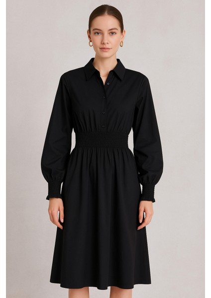 Kadın Siyah Uzun Kollu Bel Lastikli Düğmeli Elbise indirimleri
