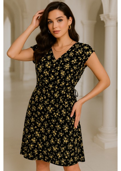 Siyah Sarı Çiçek Desenli V Yaka Elbise indirimleri