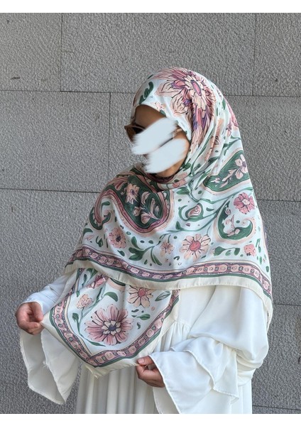 Pamuklu Flora Desen Eşarp-Krem