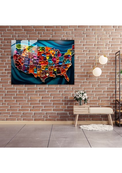 Amerika Birleşik Devletleri Cam Duvar Sanatı - Amerika Birleşik Devletleri Haritası Detaylı Desenler Soyut Cam Sanatı Duvar Dekorasyonu modelleri