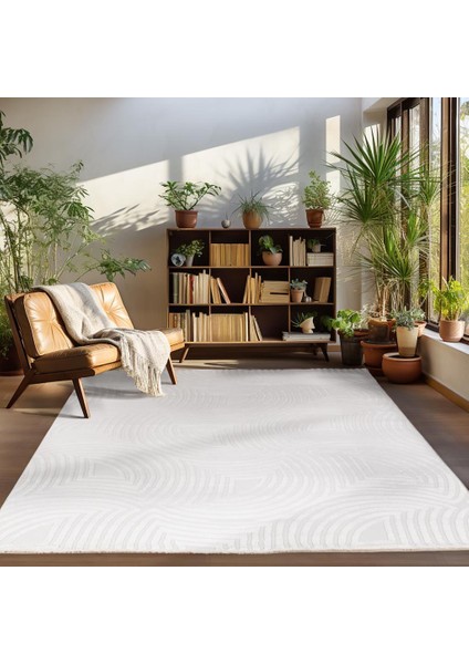 Kabartmalı Yumuşak Dalga Desenli Iskandinav Bohem Tarzı Halı Krem Tonlarında