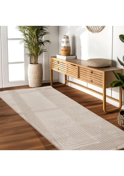 Kabartmalı Yumuşak Geometrik Desenli Iskandinav Bohem Tarzı Halı Bej Tonlarında modelleri