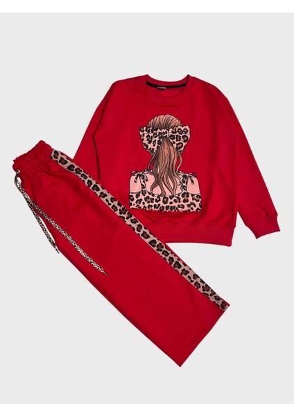 Kız Çocuk Pamuklu Kırmızı Kız Toka Desenli Uzun Kollu Bol Paça Eşofman Takımı