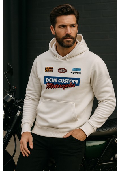 Unisex Beyaz Kapüşonlu Baskılı %100 Pamuk Cep Detaylı Sweatshirt