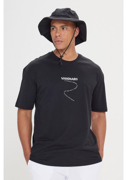 Erkek Siyah Long Fit Dar Kesim Bisiklet Yaka %100 Pamuk Baskılı Tişört