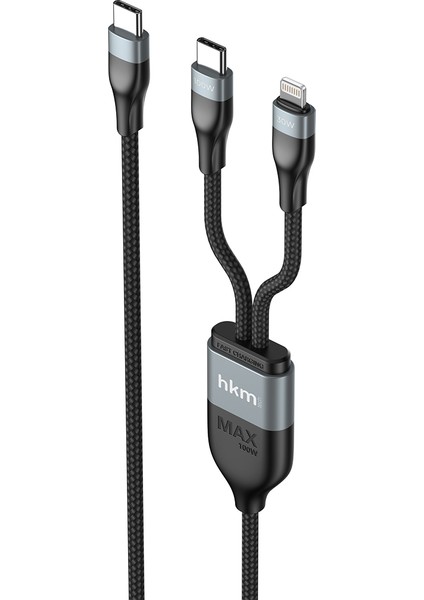 DUO POWER 100W Çift Uçlu, Type-C To Lightning + Type-C Şarj Kablosu, Örgü Tasarım, 1.2 Metre, Siyah