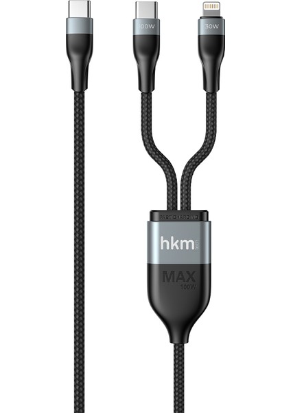 DUO POWER 100W Çift Uçlu, Type-C To Lightning + Type-C Şarj Kablosu, Örgü Tasarım, 1.2 Metre, Siyah fiyatları
