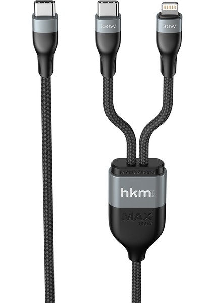 DUO POWER 100W Çift Uçlu, Type-C To Lightning + Type-C Şarj Kablosu, Örgü Tasarım, 1.2 Metre, Siyah modelleri