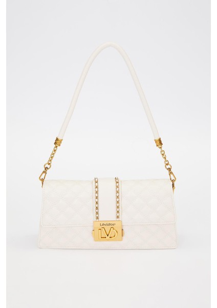 Krem Zincir Kemer Desen Omuz Çantası