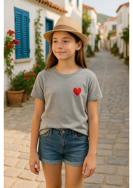 Kız Çocuk Kalpli Tişört Yumuşacık Pamuk Şık ve Konforlu 6-15 Yaş